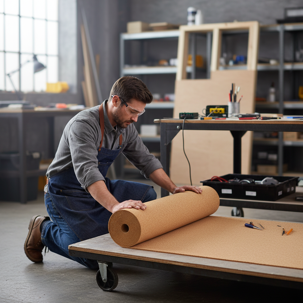 Man with safety glasses unrolls Premium Fine Grain Large Cork Roll 3m x 1m - 10mm Thick for Interior Walls on a worktable in a workshop, ideal for soundproofing and acoustic insulation.
