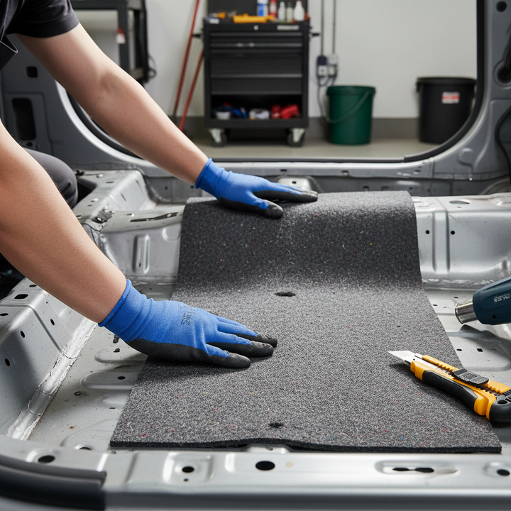 Premium Self-Adhesive Acoustic Felt Material 8mm Thick for Sound Absorption and Thermal Insulation in Vehicles being installed on a vehicle's floor pan, showcasing noise reduction and soundproof capabilities in an auto-body workshop setting.