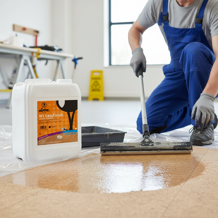 Worker in blue overalls applies Premium Waterborne Polyurethane-Acrylic Floor Finish 5L - Semi Gloss for High-Traffic Areas and Natural Cork Flooring with squeegee, enhancing acoustic insulation and noise reduction.
