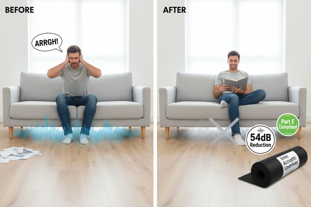 Before and after comparison of 3mm Acoustic Underlay Linear Metre – 54dB Noise Reduction | UK Part E, showing dramatic noise reduction with soundproof performance, ideal for sound insulation and vibration damping beneath flooring.