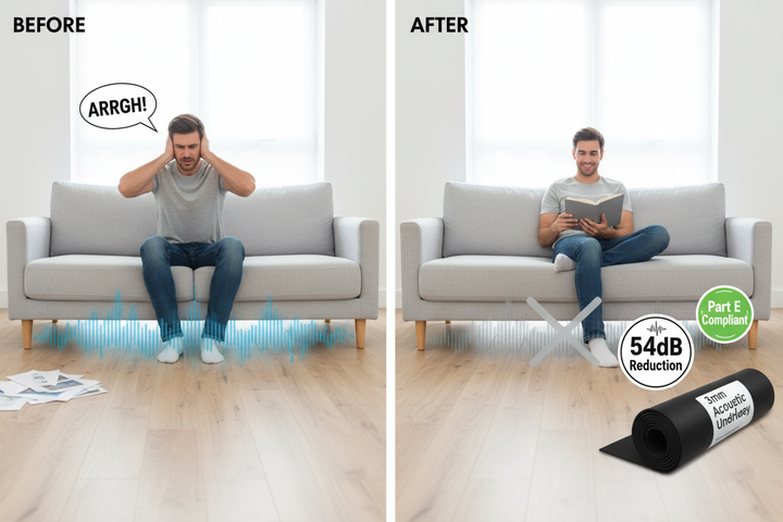 Before and after comparison of 3mm Acoustic Underlay Linear Metre – 54dB Noise Reduction | UK Part E, showing dramatic noise reduction with soundproof performance, ideal for sound insulation and vibration damping beneath flooring.