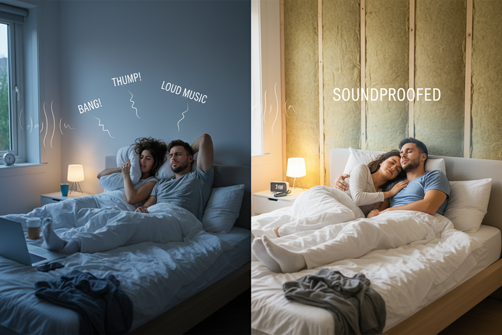 Split image showing the impact of 100mm Acoustic Mineral Wool Slabs – StudioCore 45 (45kg/m³) sound insulation: Left, frustrated couple in noise; right, peaceful sleep with soundproofed wall.