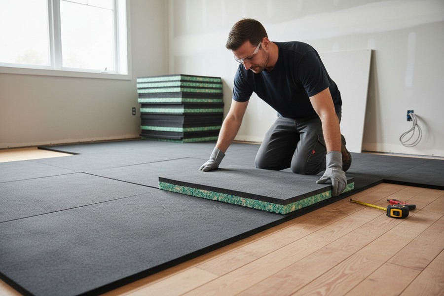Man wearing safety gear installs Premium 15mm Acoustic Sound Mat, enhancing floor soundproofing and impact noise reduction, ideal for sound insulation in renovations, with additional stacked mats visible nearby.