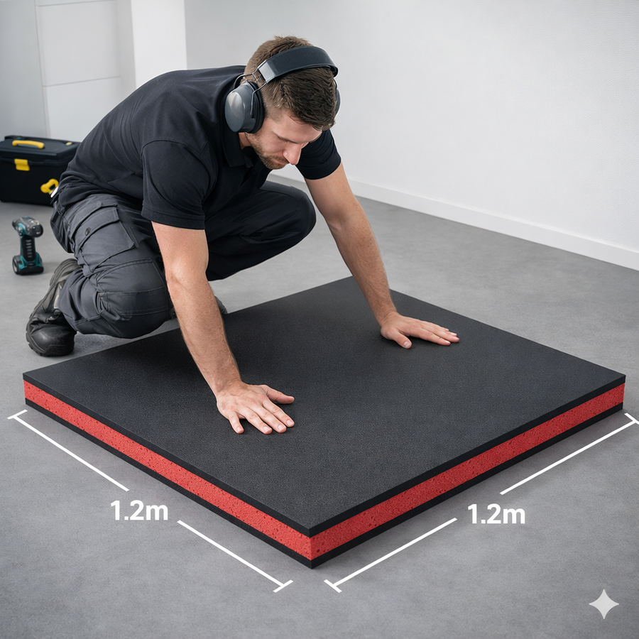 SilentMat 15mm Acoustic Noise Reduction Mat being installed on a concrete floor by a tradesperson, highlighting its soundproof and vibration damping properties. The mat features a black top layer and red core.