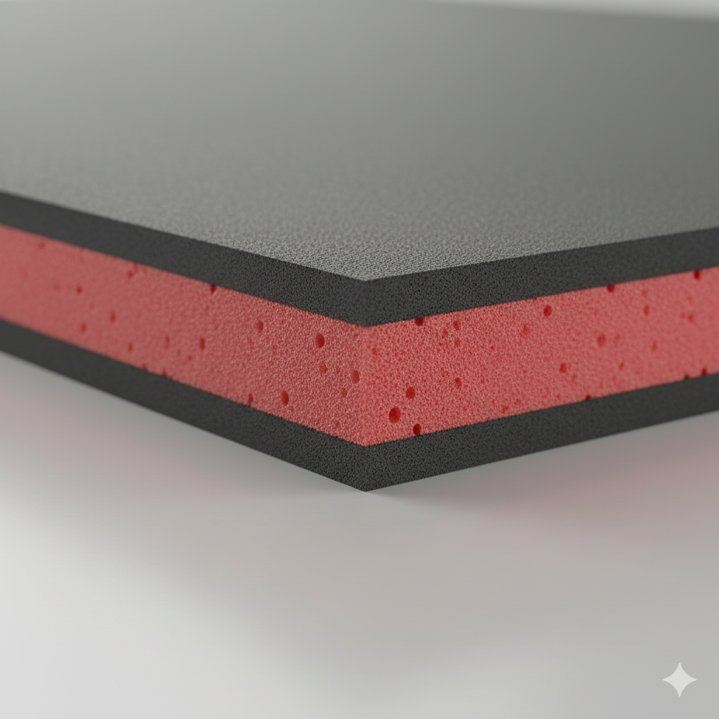 SilentMat 15mm Acoustic Noise Reduction Mat features a three-layer foam panel designed for superior soundproofing, showcasing dense outer layers with a red open-cell core for effective noise reduction and vibration damping.
