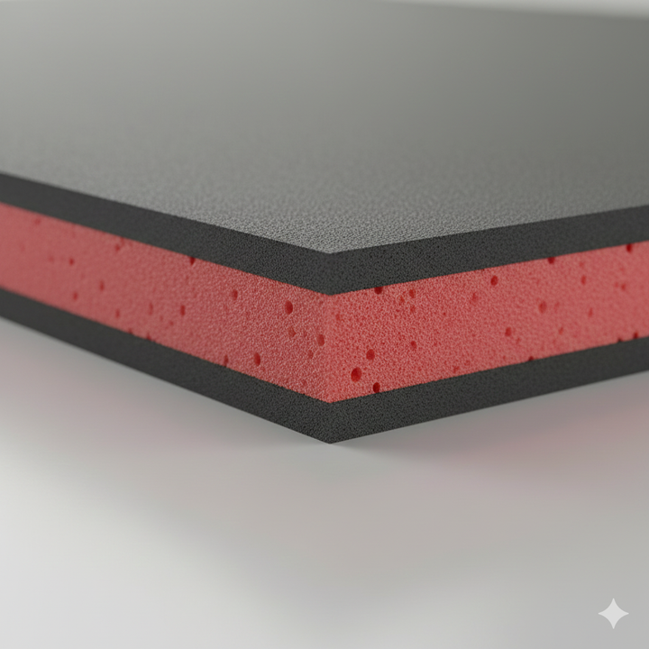 SilentMat 15mm Acoustic Noise Reduction Mat features a three-layer foam panel designed for superior soundproofing, showcasing dense outer layers with a red open-cell core for effective noise reduction and vibration damping.