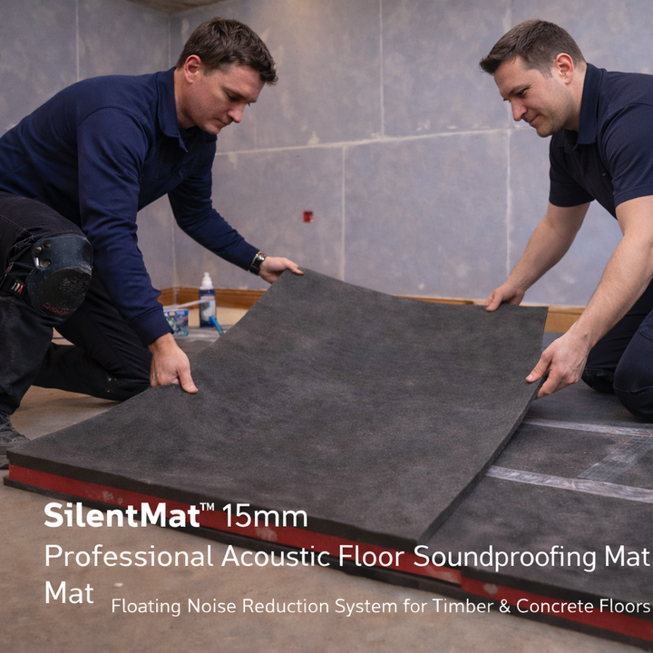 Installers fitting SilentMat™ 15mm Professional Acoustic Floor Soundproofing Mat in an unfinished room, showcasing its floating system design for effective noise reduction and sound insulation on timber and concrete substrates.