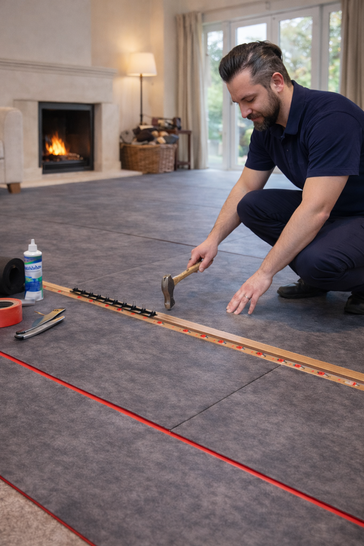 Man installing SilentMat™ 15mm Professional Acoustic Floor Soundproofing Mat in a living room, demonstrating its role in noise reduction and vibration damping within a floating system.