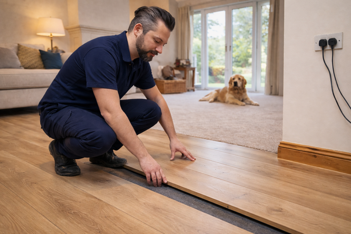 SilentMat™ 15mm Professional Acoustic Floor Soundproofing Mat installation in a living room, showcasing its impact and airborne noise reduction capabilities. The mat fits seamlessly into a floating system for optimal acoustic performance.