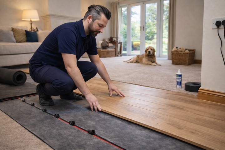 SilentMat™ 15mm Professional Acoustic Floor Soundproofing Mat installation in progress; a man fits a floorboard over under-floor heating, demonstrating superior noise reduction, soundproofing, and vibration damping in a living room setting.